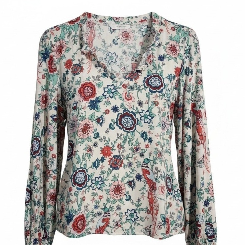 Whimsy Floral Peacock Women's size XL Summer Casual Colorful Ruffle Vneck Blouse